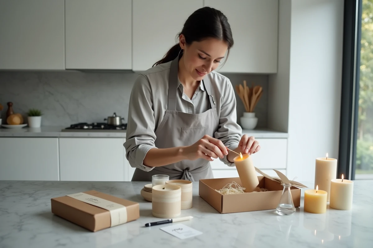 Femme emballant une bougie fine dans du papier paraffiné pour la conserver correctement dans une cuisine moderne