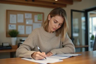 Femme remplissant un formulaire de transfert de courrier temporaire au guichet d'un bureau de poste