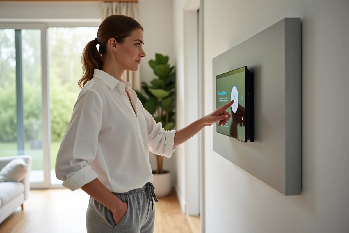 Femme utilisant un panneau de contrôle tactile pour piloter l'automate domotique de sa maison connectée