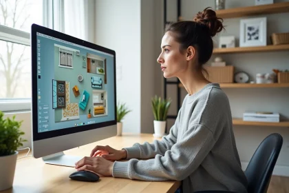 Femme utilisant un logiciel d'IA home design gratuit en ligne pour créer un plan 3D de décoration intérieure sur ordinateur
