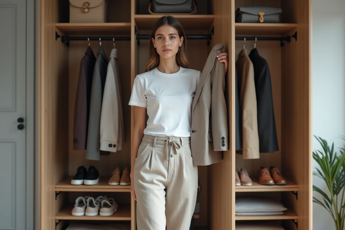 Femme organisant son dressing modulable en rangeant un blazer plié sur une étagère de son armoire personnalisée