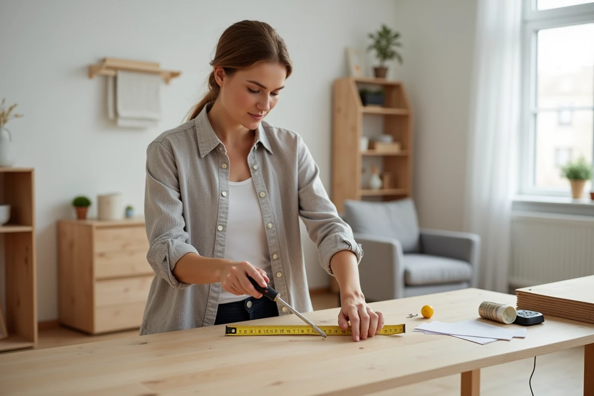 Une femme assemblant des meubles avec des outils du quotidien dans un intérieur moderne, symbolisant l'utilité pratique des outils à la maison