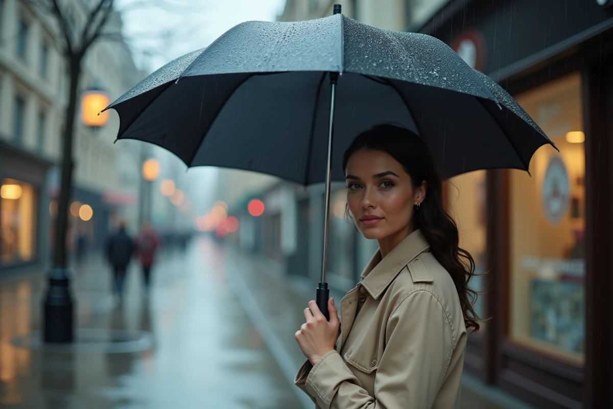 Femme tenant un parapluie inversé sous la pluie en ville, démontrant le fonctionnement du mécanisme à canopée retournée