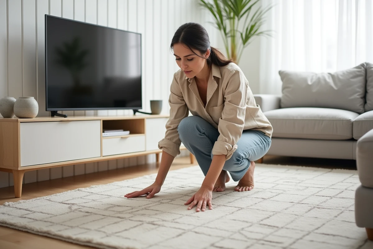 Femme ajustant un tapis géométrique en laine dans un salon de style scandinave minimaliste