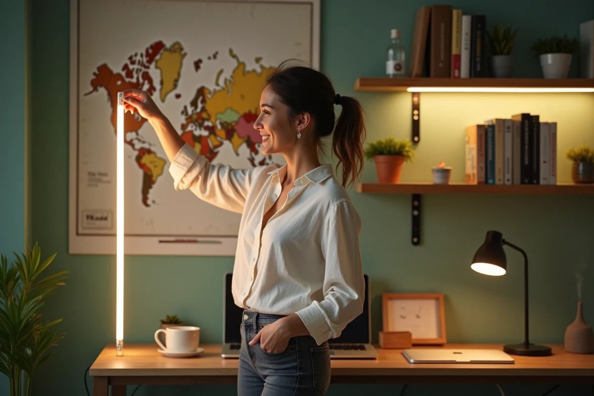 Femme installant des rubans LED sous des étagères dans un bureau sans fenêtre pour apporter de la lumière