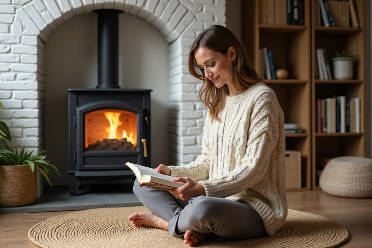 Femme lisant près d'un poêle à bois en fonte dans un salon scandinave chaleureux et écologique