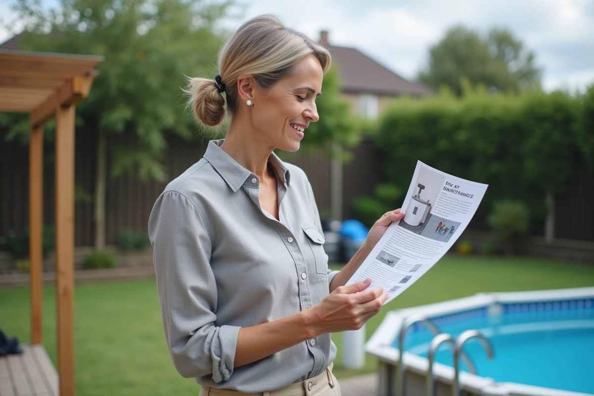 Femme consultant un guide d'entretien en manipulant une vanne de piscine hors-sol dans un jardin résidentiel