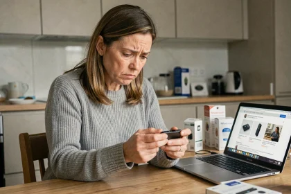 Femme skeptique examinant un petit appareil électronique douteux à une table de cuisine, illustration d'une critique de produit technologique
