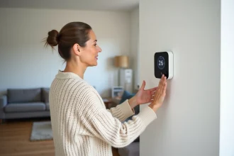 Femme ajustant un thermostat connecté dans un salon moderne équipé d'une pompe à chaleur