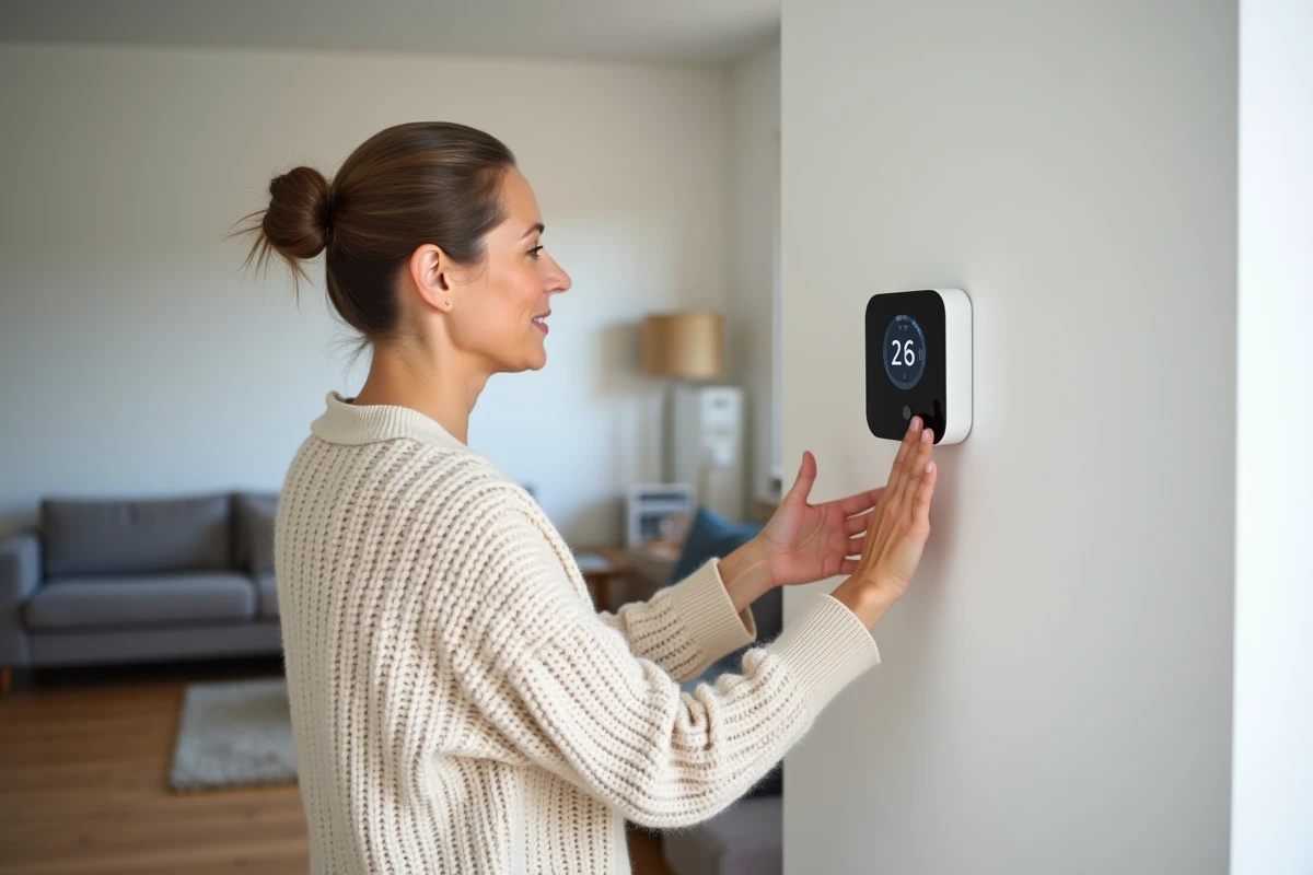 Femme ajustant un thermostat connecté dans un salon moderne équipé d'une pompe à chaleur