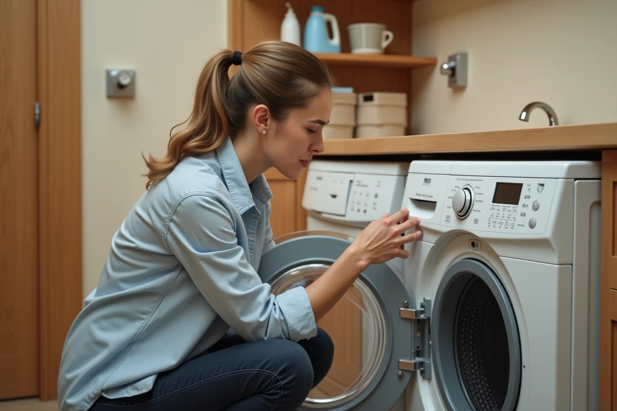 Femme inspectant le filtre d'arrivée d'eau d'un lave-linge séchant dans une buanderie domestique