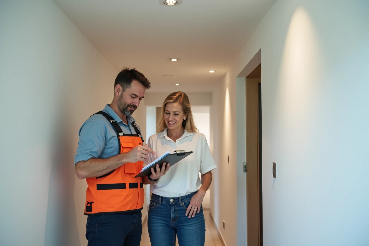 Électricien et propriétaire vérifiant ensemble la fin des travaux d'installation électrique dans un couloir rénové