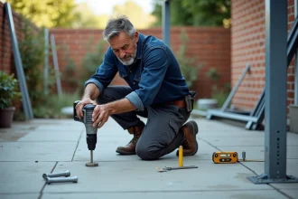 Homme en train de fixer des chevilles d'ancrage dans une dalle en béton pour installer une pergola sur une terrasse