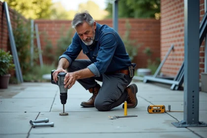 Homme en train de fixer des chevilles d'ancrage dans une dalle en béton pour installer une pergola sur une terrasse