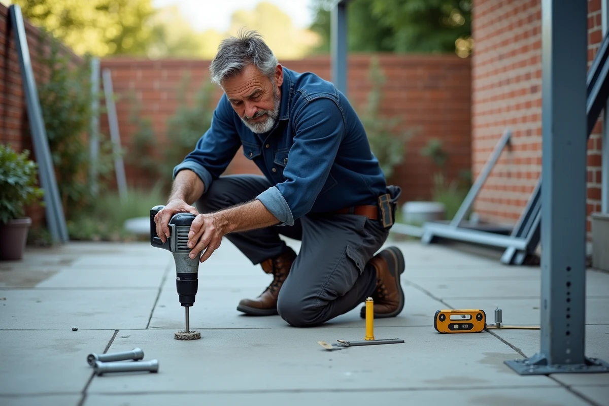 Homme en train de fixer des chevilles d'ancrage dans une dalle en béton pour installer une pergola sur une terrasse