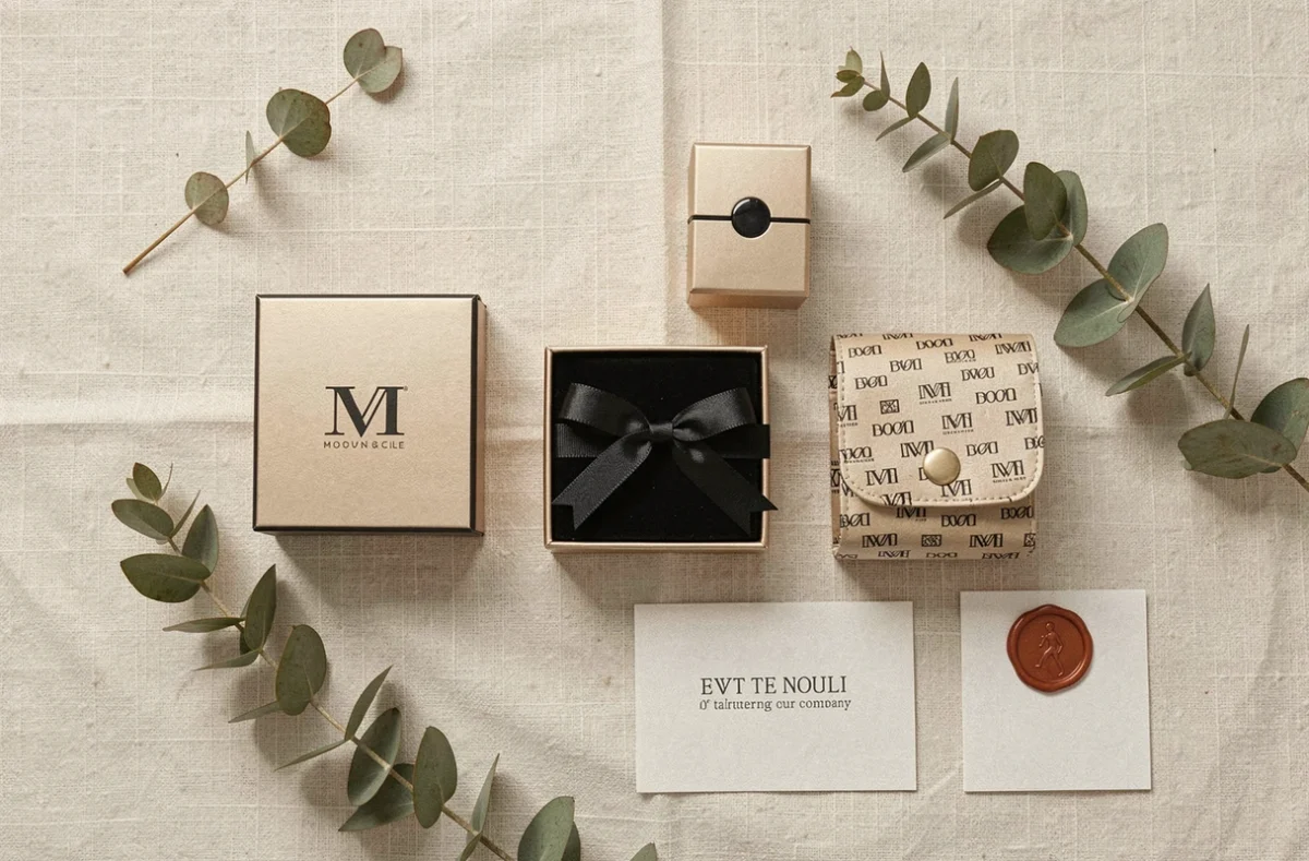 Flat lay de trois boîtes bijoux personnalisées en champagne et noir avec accessoires de marque sur lin ivoire