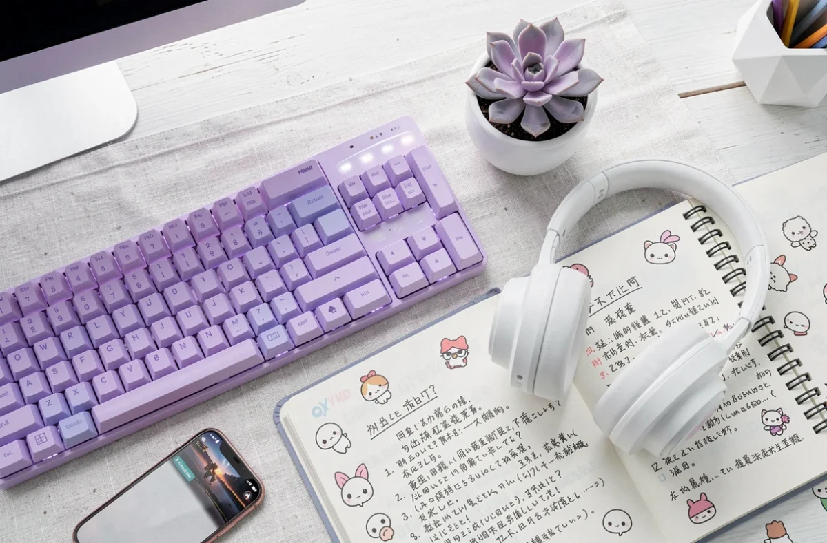 Flat lay de bureau gaming fille avec clavier mécanique pastel violet, headset blanc et accessoires kawaii