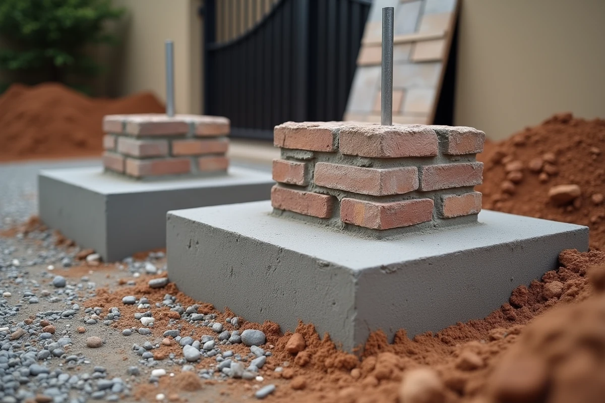 Fondation en béton armé avec piliers en briques et tiges d'acier pour structure de portail résidentiel