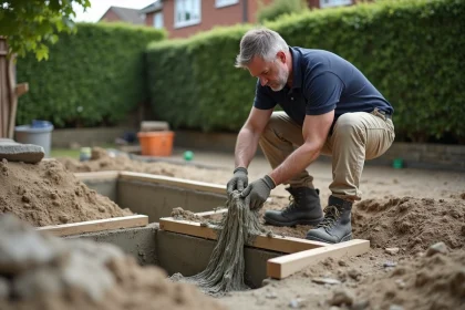 Maçon versant du béton dans une tranchée de fondation pour pilier de portail en pierre dans un jardin résidentiel