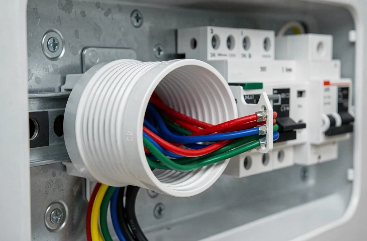 Goulotte PVC blanche avec câbles électriques organisés à l'intérieur d'un tableau électrique ouvert