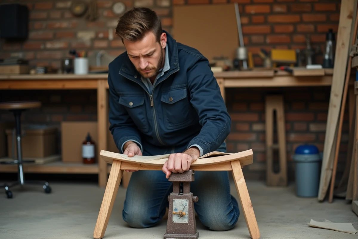 Jeune homme comparant la granulométrie du papier de verre avec la surface d'un pied de chaise en cours de ponçage
