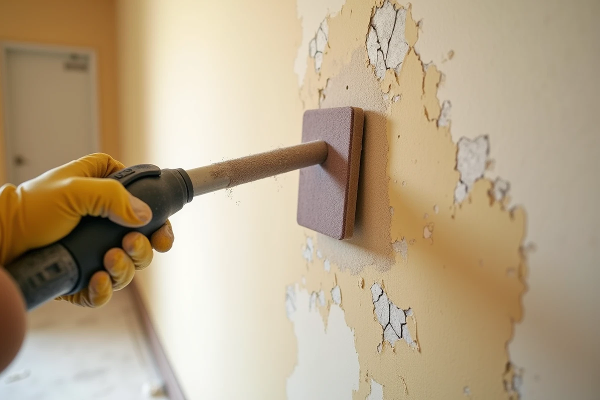Gros plan sur une ponceuse à perche en action sur un mur peint montrant les couches de peinture abrasées