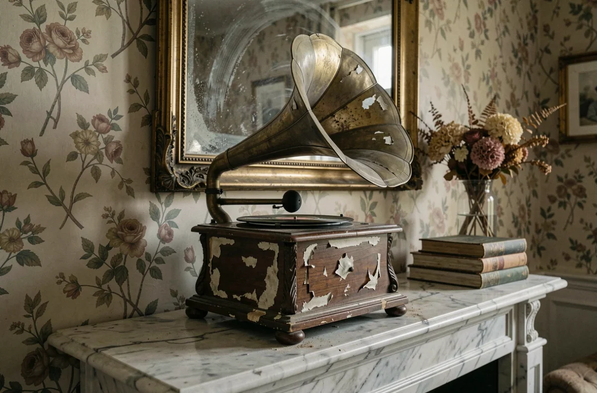 Gramophone ancien laissé dans son jus posé sur une cheminée victorienne dans un salon d'époque non rénové