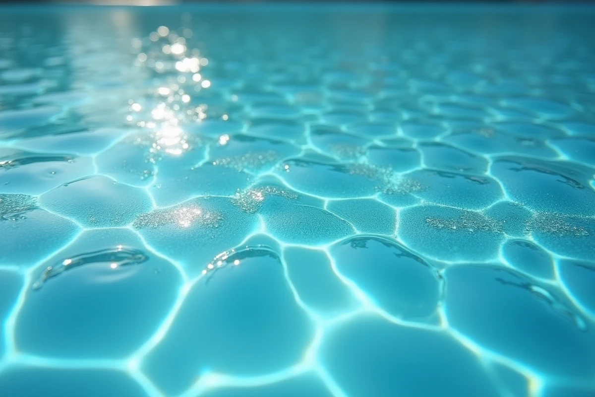 Gros plan sur les bulles d'une couverture solaire immergée dans l'eau d'une piscine