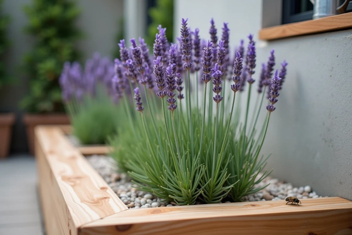 Gros plan d'un plant de lavande en bordure d'un carré potager avec abeilles butineuses
