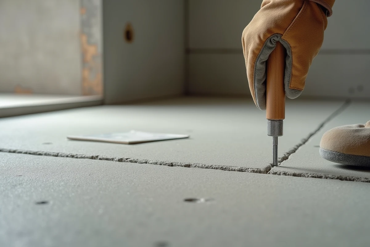 Gros plan sur une surface de béton en cours de séchage avec hygromètre pour mesurer l'humidité avant carrelage