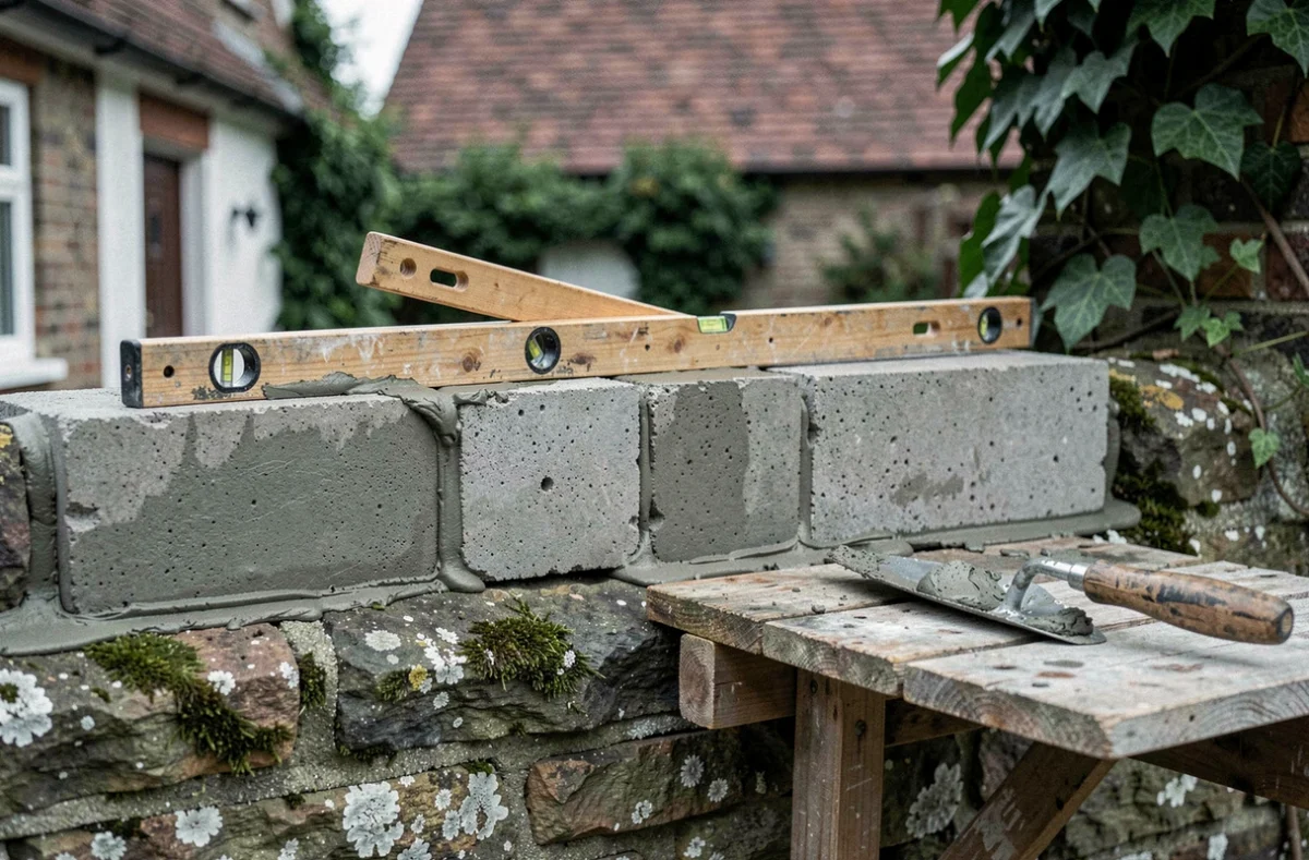Gros plan sur des parpaings neufs posés sur un mur mitoyen ancien avec niveau à bulle et truelle