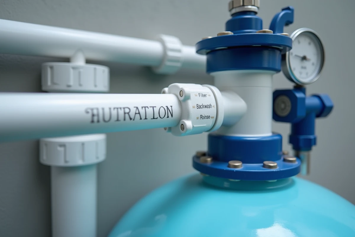 Gros plan sur une vanne multivoies de filtre à sable en position filtration avec étiquettes visibles