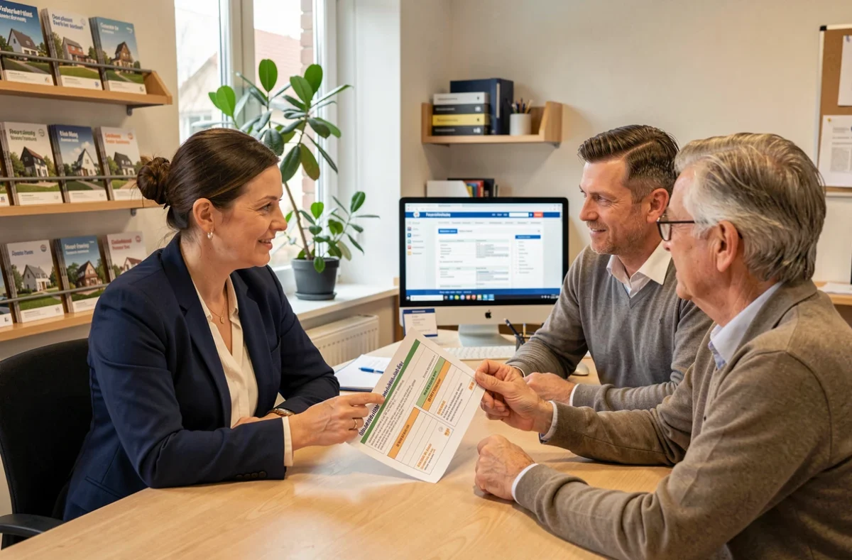 Conseillère administrative expliquant les aides financières à la rénovation à un couple de propriétaires lillois pour Guide Rénovation Lille