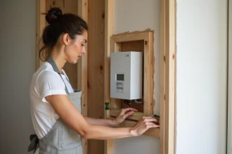 Femme mesurant un panneau en bois pour habiller un compteur électrique dans un couloir d'appartement moderne