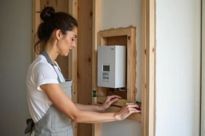 Femme mesurant un panneau en bois pour habiller un compteur électrique dans un couloir d'appartement moderne