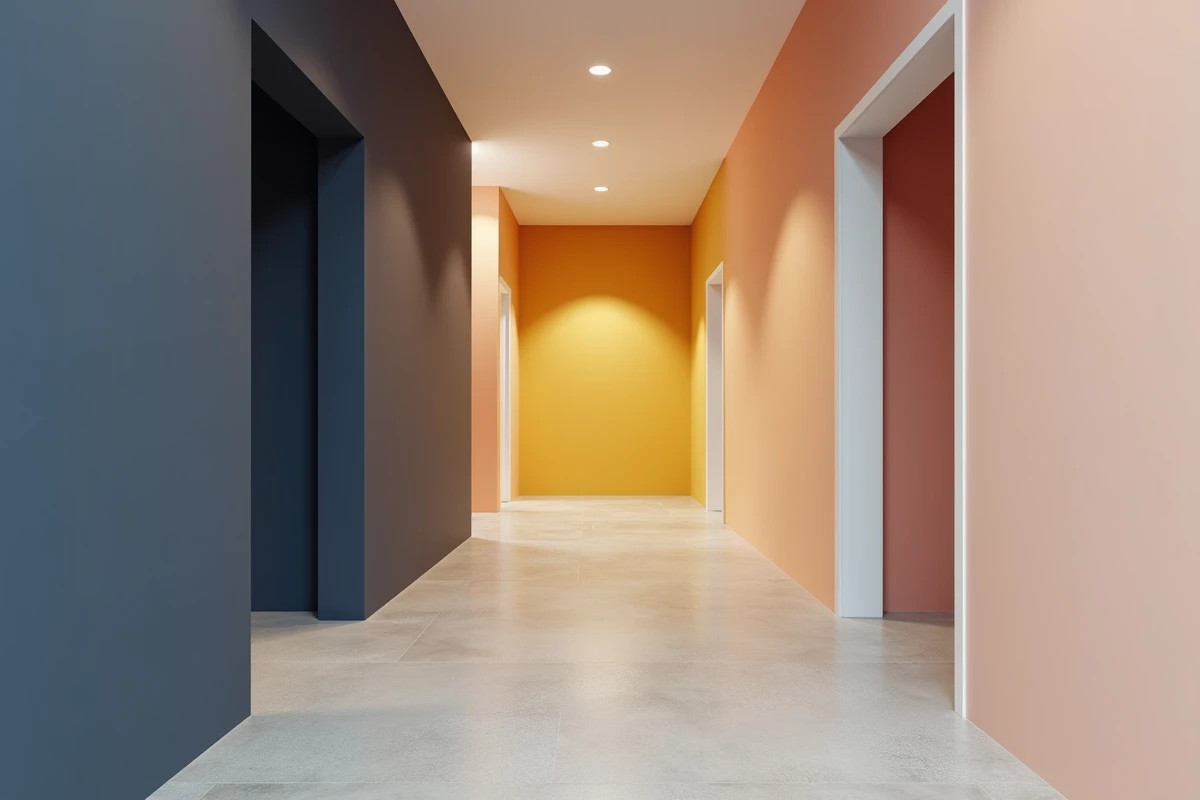 Couloir d'appartement reliant trois pièces aux couleurs distinctes — bleu marine, jaune moutarde et rose pâle — illustrant l'harmonie colorée entre les espaces