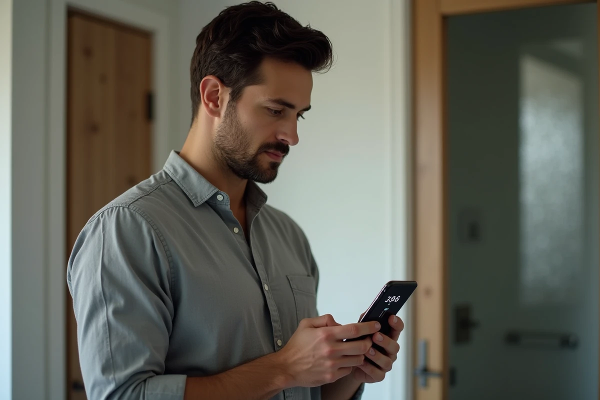 Homme consultant une application smartphone de surveillance d'humidité connectée près d'une salle de bain avec miroir embué