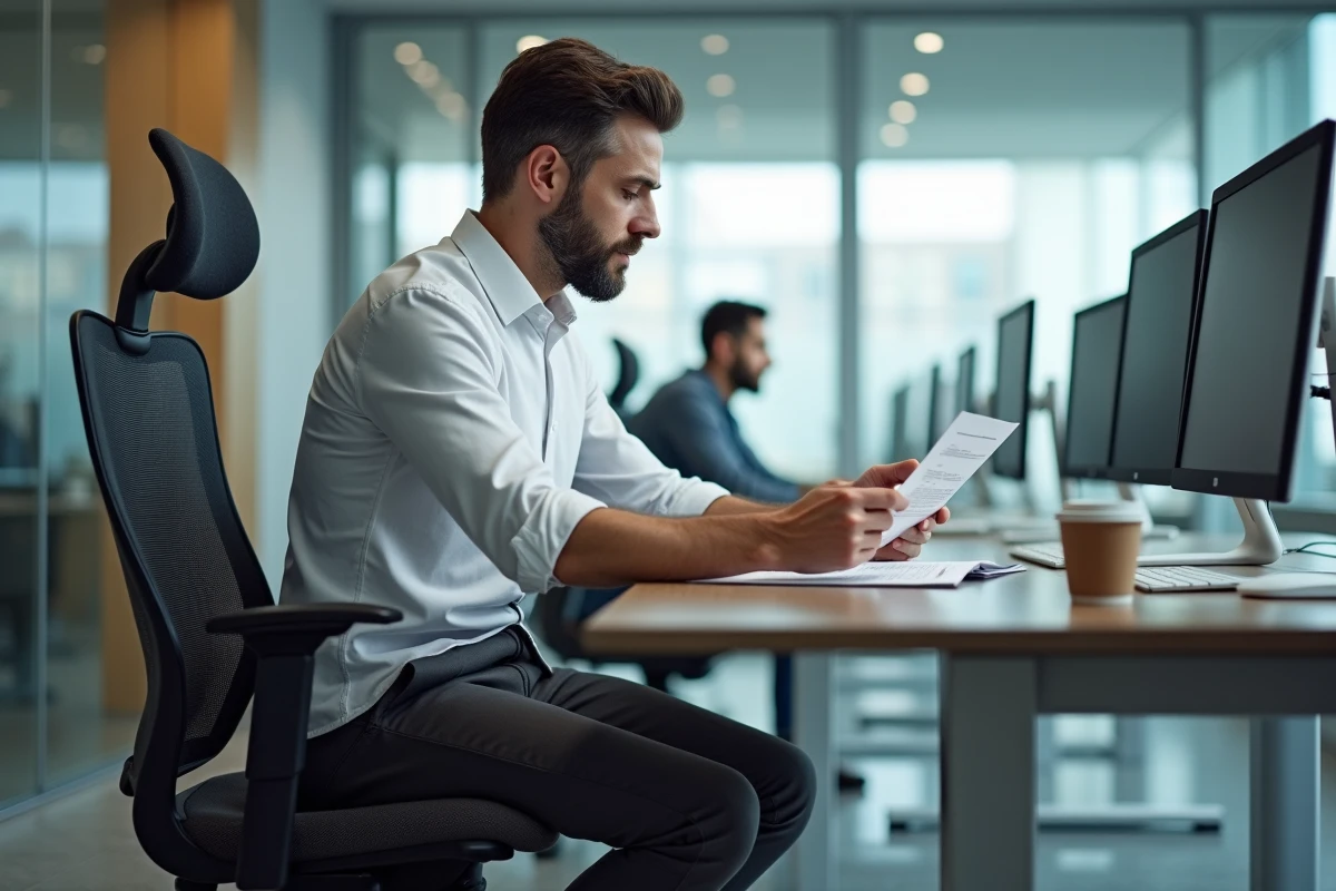 Homme en chemise blanche assis dans une chaise ergonomique de bureau en open space, travaillant sur des documents professionnels