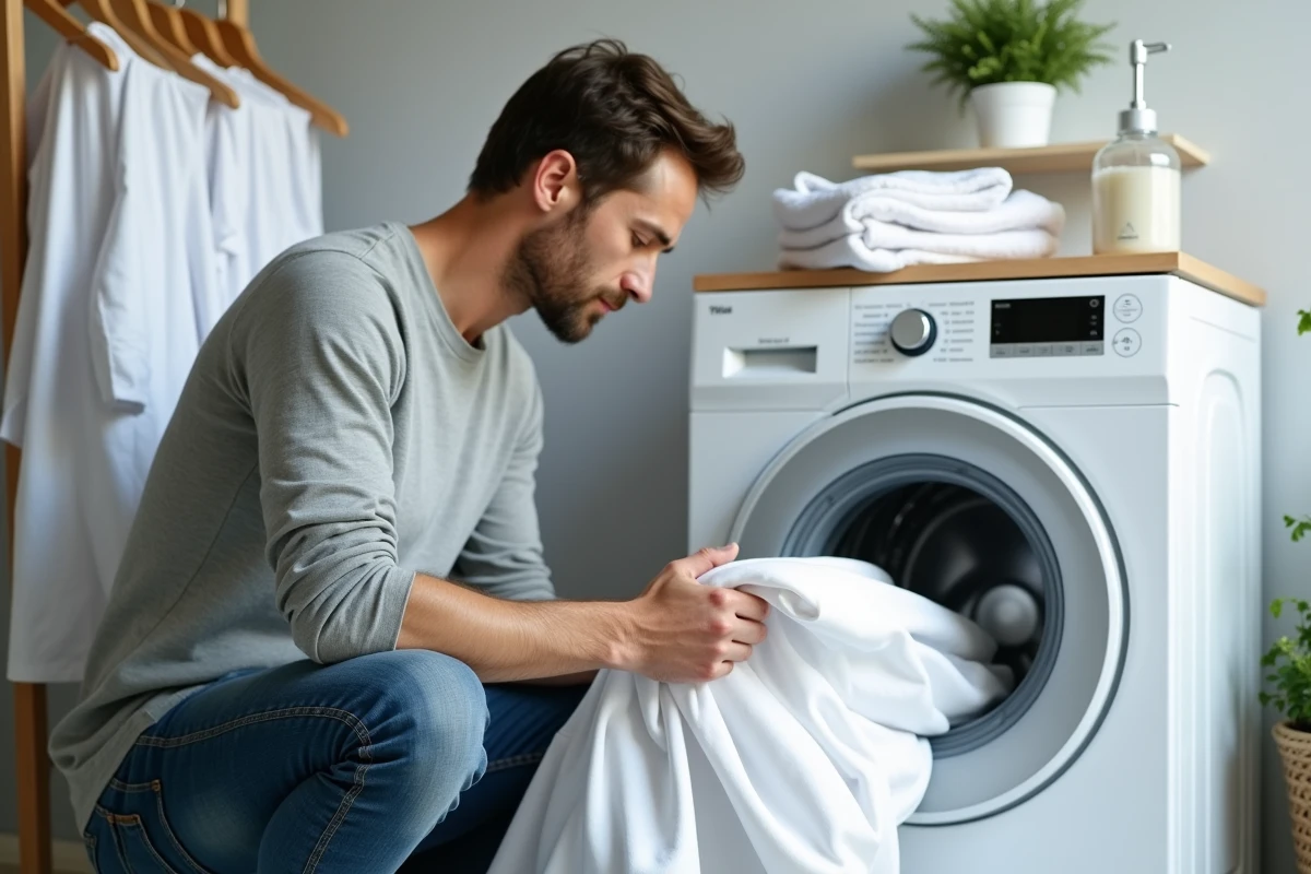 Homme chargeant des draps blancs dans un lave-linge moderne pour traiter le linge grisé à la maison
