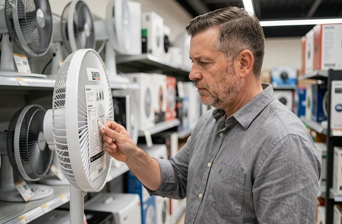 Homme comparant des brasseurs d'air dans un magasin d'électroménager, lecture des caractéristiques techniques
