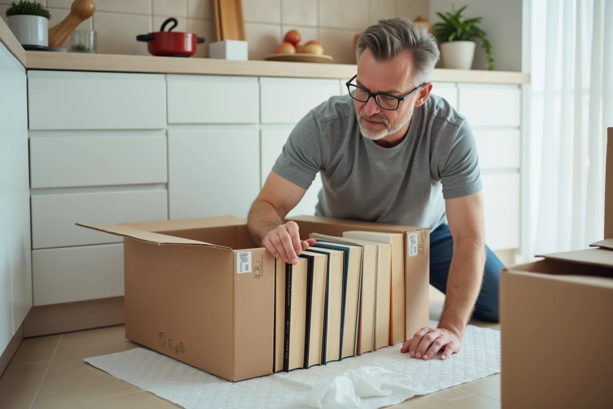 Homme agenouillé qui empile des livres à couverture rigide dans un carton entouré de papier bulle et papier d'emballage