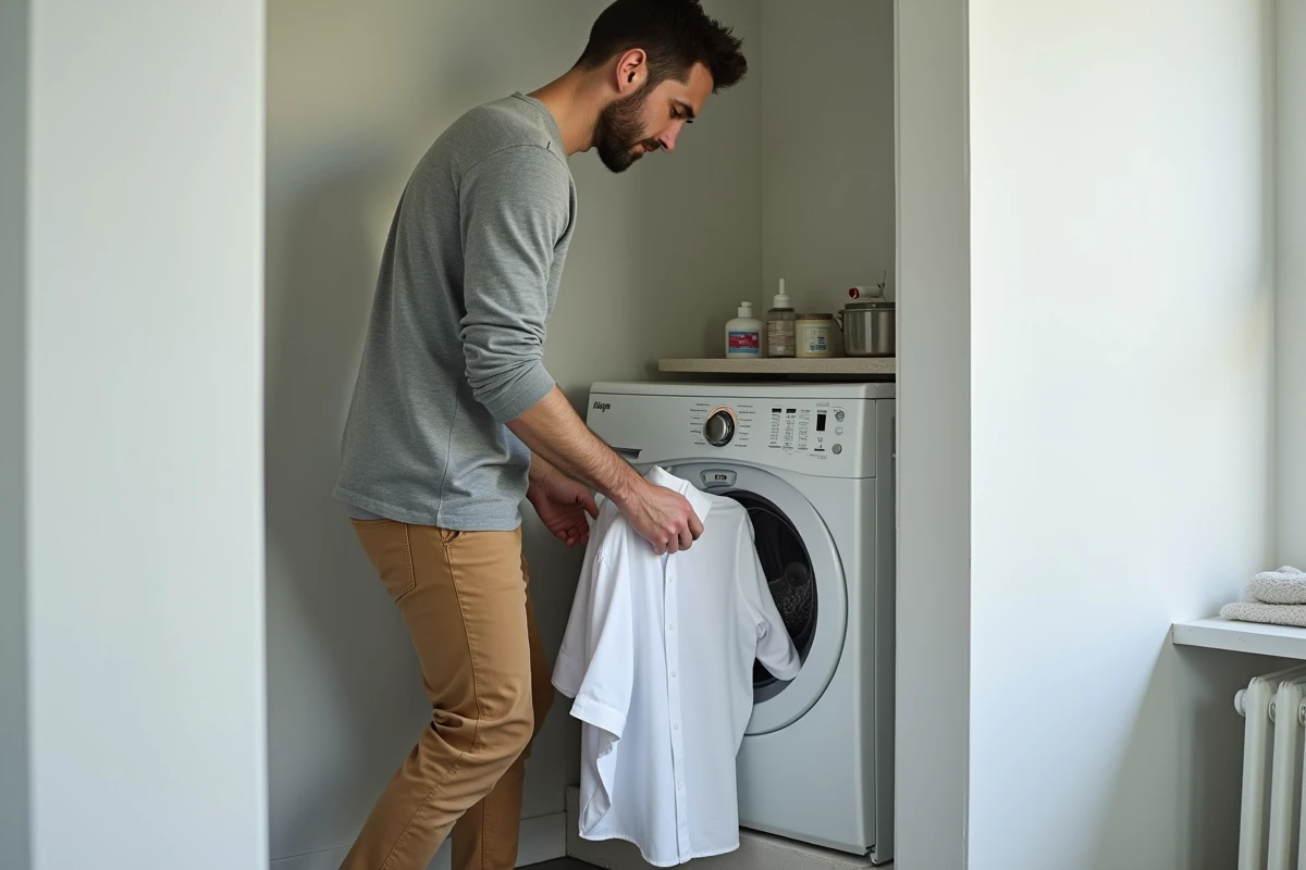 Homme retirant du linge sec d'une machine à laver séchante dans un appartement urbain compact