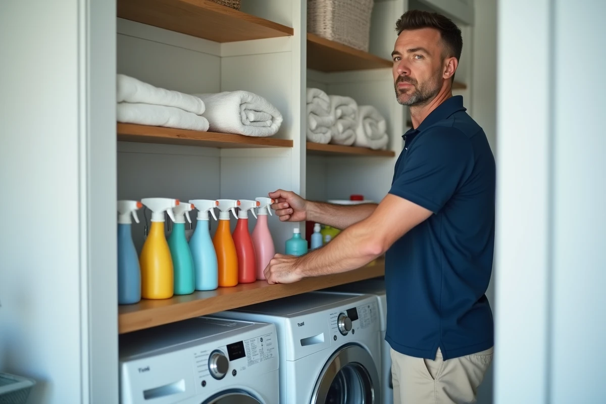 Homme méticuleux organisant des produits ménagers sur une étagère dans une buanderie bien rangée