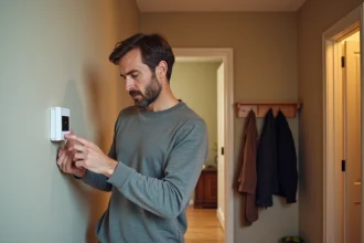 Homme examinant un panneau de contrôle d'alarme maison moderne dans une entrée de maison contemporaine