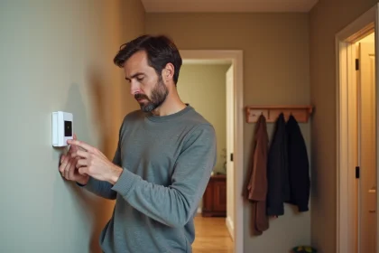 Homme examinant un panneau de contrôle d'alarme maison moderne dans une entrée de maison contemporaine
