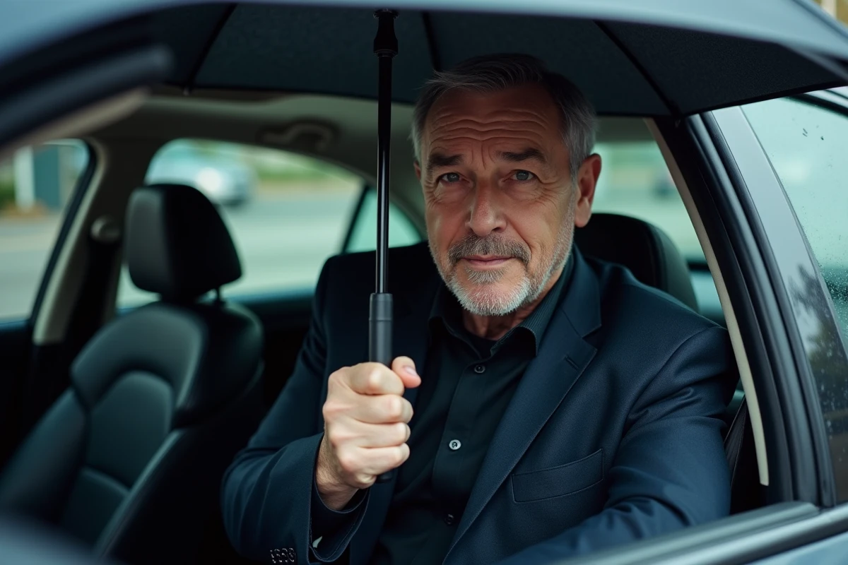 Homme en costume sortant d'une voiture avec un parapluie inversé, illustrant l'avantage pratique de ne pas mouiller l'habitacle