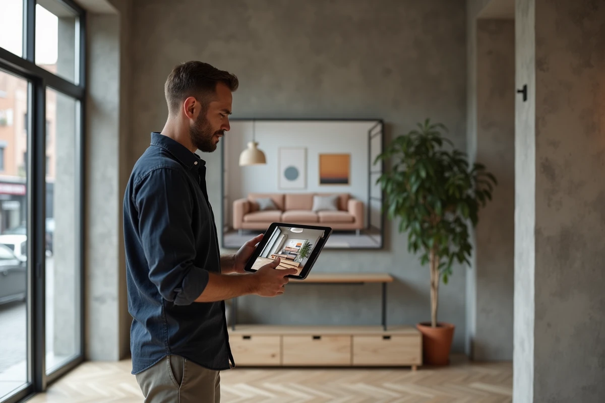 Homme tenant une tablette affichant un rendu 3D IA de décoration intérieure dans un appartement vide à rénover