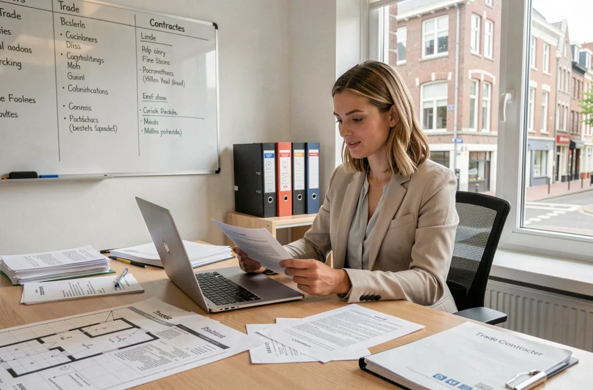 Coordinatrice de travaux consultant des devis multi-corps d'état dans un bureau moderne à Lille pour Illico Travaux