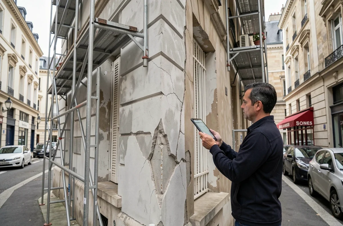 Expert d'Immopro60 effectuant un diagnostic de façade sur un immeuble résidentiel dans l'Oise
