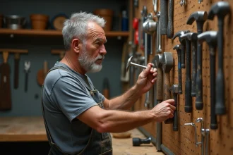 Un homme dans son atelier sélectionnant un outil manuel parmi une collection accrochée au mur, illustrant l'importance des outils dans la vie quotidienne